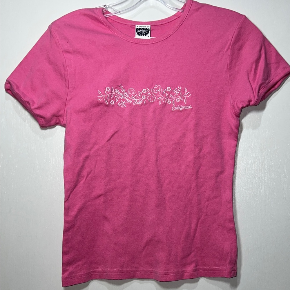 Vintage Rainforest Cafe California Girls M Pink Floral Embroidered Tee